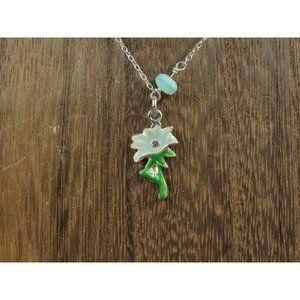 14" Sterling Silver Green Stone And Flower Pendant Necklace Vintage Minimalist